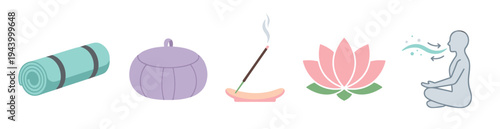 Set of yoga and meditation icons featuring a rolled mat, zafu cushion, incense stick, lotus flower, and a person practicing breathing exercises in a flat vector style