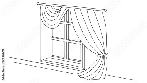 Elegant draped curtain gracefully frames a classic window in a clean line drawing.