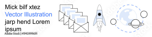 Communication, outer space, technology, innovation, digital services, global network. Visual elements include envelopes, a rocket and planets orbiting Earth. Communication and outer space