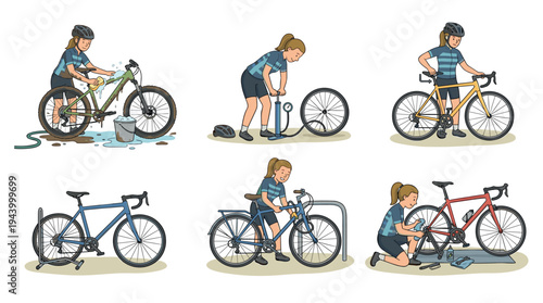 Set of six illustrations showing a female cyclist performing various bicycle maintenance tasks like washing, pumping a tire, adjusting the seat, locking, and cleaning the chain