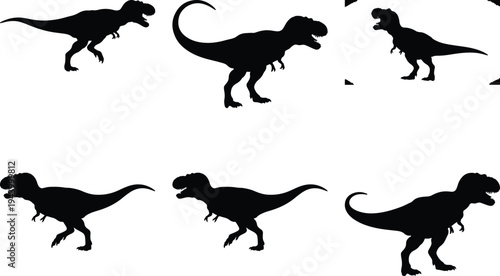 Group of six distinct black Tyrannosaurus Rex silhouettes in varied poses, symbolizing primal strength, ancient history, and the untamed natural world.