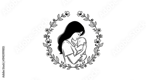 Mother Holding Baby in Wreath Design.