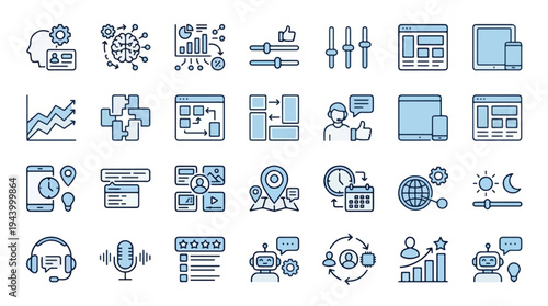 Business and Technology Icon Set for AI Data Analytics UI UX and Customer Support