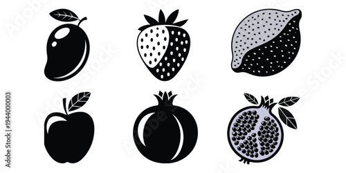 Six fruit icons with color accents including mango strawberry lemon apple pomegranate and pomegranate