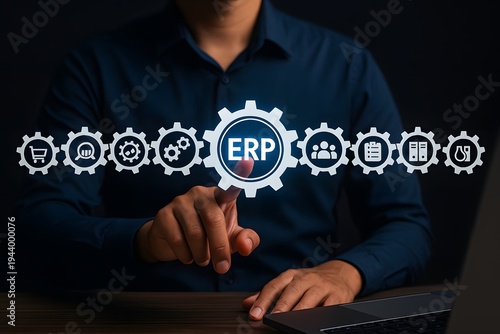 Professional businessman engages with a digital enterprise resource planning (erp) system icon, representing integrated business management solutions and operational efficiency.