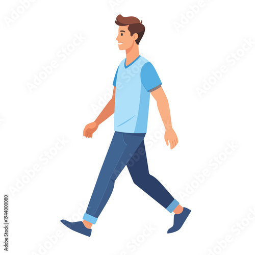 Active flat vector character taking a leisurely walk isolated on white background