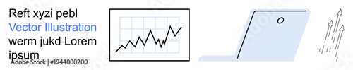 Business growth, finance analytics, technology, data management, performance tracking, market trends. Line graph, laptop arrow visuals. Business growth and finance analytics