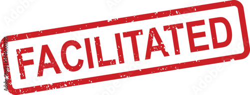 A distinct red rubber stamp with a grunge effect features the prominent word FACILITATED on a crisp white backdrop