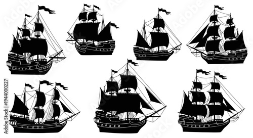 Collection of Black Silhouette Old Sailing Ships, Pirate Galleons, Frigates