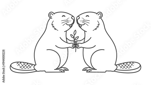 Two Beavers Sharing a Branch: A charming illustration of two smiling beavers holding a small branch, symbolizing friendship and cooperation.