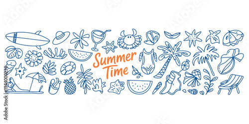 Summer Vacation Icons and Symbols Doodle Art Collection Keywords: summer, vacation, beach, travel, holiday, sun, sea, ocean