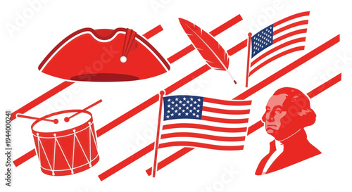 American Revolution Symbols: Flag, Drum, Quill, Hat, George Washington