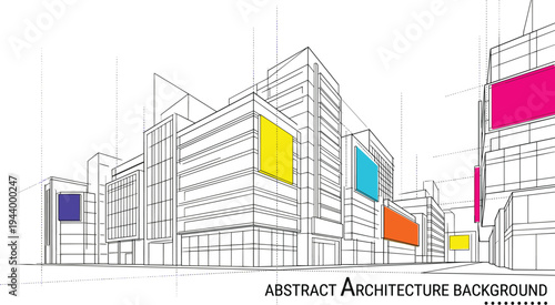 Dynamic urban street level view of a commercial district with colorful digital billboard mockups and architectural grid lines for modern marketing.