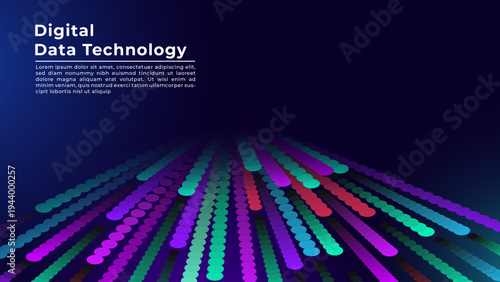 Digital Data Flow, Dynamic High-Speed Information Stream with Colorful Pixel Lines on Dark Background. Vector Illustration.