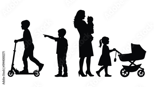 A silhouette of a family with children of different ages engaging in various activities together