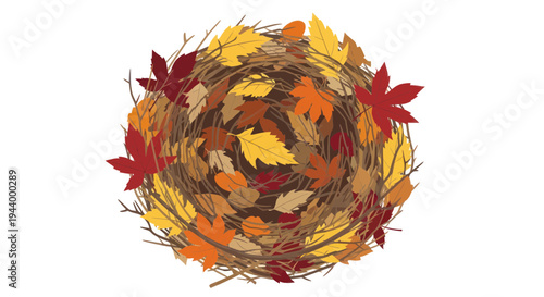 Autumn Nest with Colorful Leaves and Twigs, Seasonal Nature Design