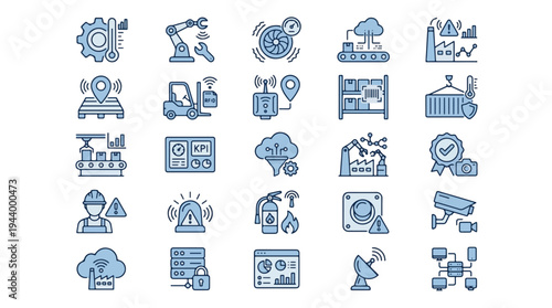 Industrial IoT and Smart Factory Icon Set for Industry 4.0, Automation, Logistics, Data Monitoring, Safety, and Connectivity in Modern Manufacturing