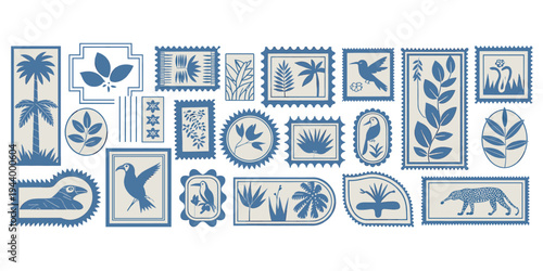 Tropical Jungle and Wildlife Themed Postage Stamp Icons Keywords: tropical, jungle, wildlife, nature, animals, birds, plants