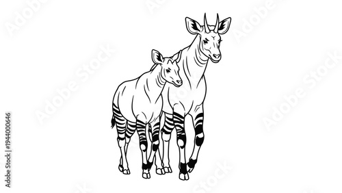 Okapi Duo: A detailed line drawing showcases the elegance of a mother okapi and her calf standing side by side. this artwork captures the bond and distinct appearance of these remarkable creatures. 
