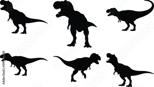 Collection of six black Tyrannosaurus Rex dinosaur silhouettes in different action poses, isolated on a white background, vector graphic.