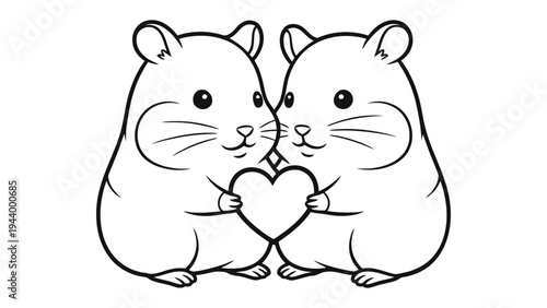 Two Hamsters Holding a Heart: A charming illustration of two adorable hamsters, depicted in a simple line art style, holding a heart symbol between them, conveying a message of love and affection.