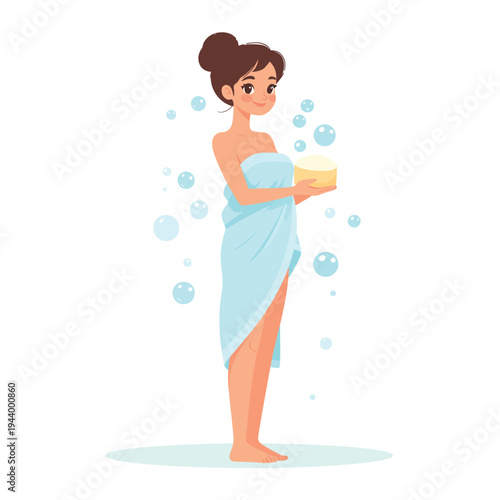 Cute flat vector illustration of relaxed character in bathrobe holding sponge isolated on white