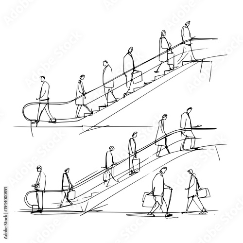 Line art sketch of abstract figures moving on escalators, illustrating urban flow and public transport movement.