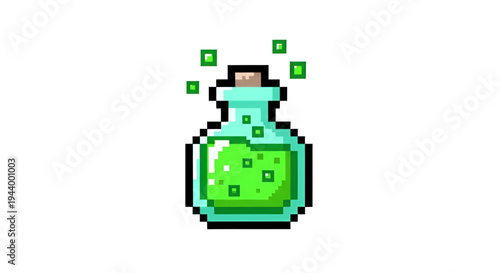 Magic Green Potion Bottle Pixel Art for Retro Game Interface and Alchemy