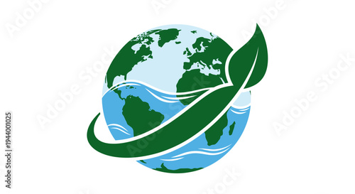 Green leaf and water encircling planet earth globe.