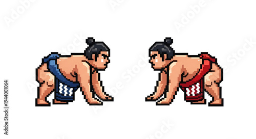 Pixel Art Sumo Wrestlers in Traditional Mawashi Squatting Position Facing Each Other
