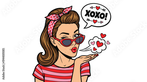 Retro Woman Blowing Kiss with Heart Speech Bubble.