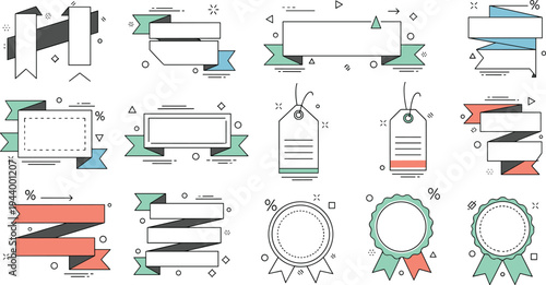 Modern ribbon banners price tags badges and label templates collection for marketing promotion sale discount branding vector illustration set