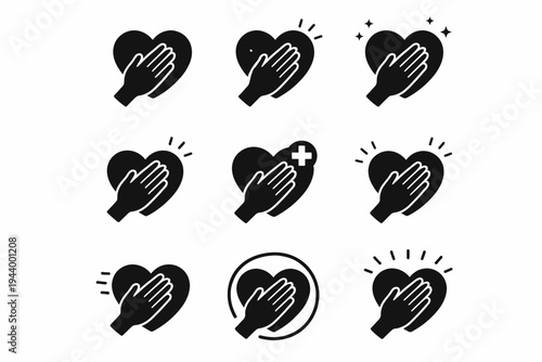 Hand on heart icons set: health and wellness symbols