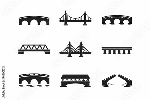 Collection of iconic bridge silhouettes in various architectural styles