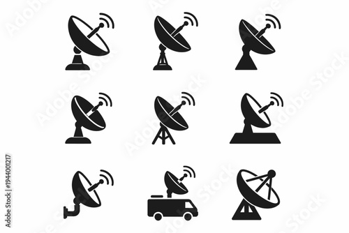 Set of satellite dish icons for communication and broadcasting applications
