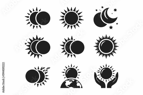 Black and white sun moon icon set with celestial designs and earth element