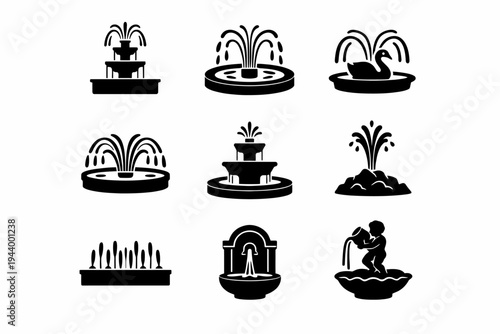 Collection of nine black silhouette fountain icons with varied designs