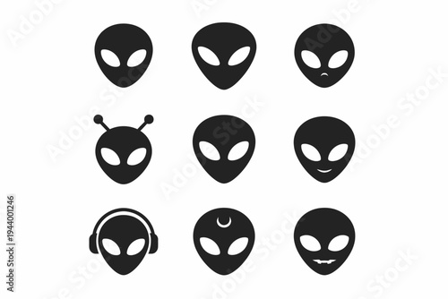 “set of nine black alien faces with unique expressions and accessories”