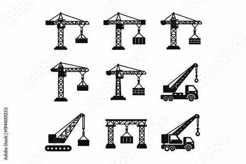 Collection of various black construction cranes and trucks illustrations