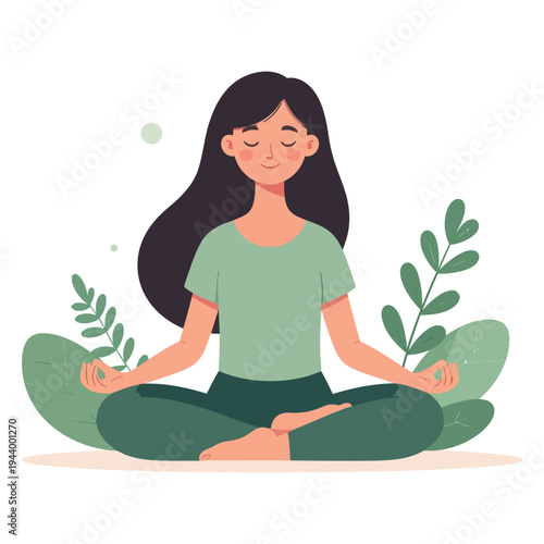 Cute flat vector character meditating peacefully in lotus position isolated on white background