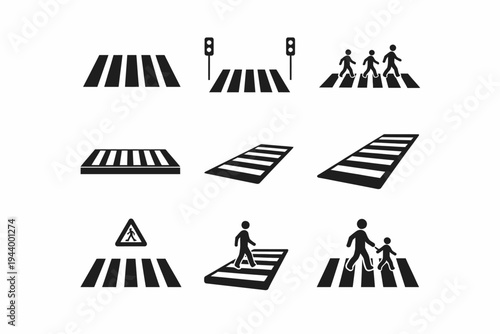 Collection of crosswalk and pedestrian icons in black and white