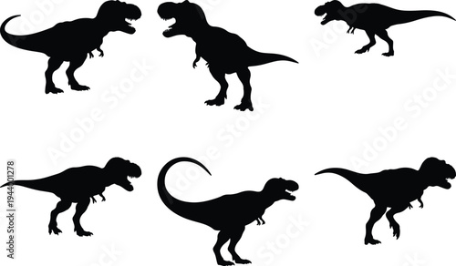 Assortment of six black silhouette Tyrannosaurus Rex dinosaurs showcasing varied dynamic postures on a stark white background.