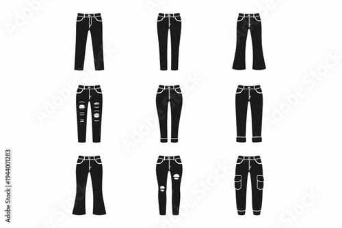Collection of nine black jeans icons in various styles