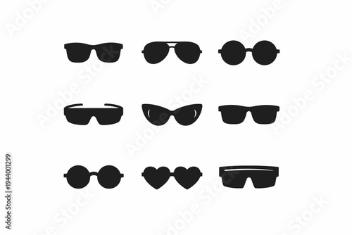 Collection of stylish black sunglass silhouettes on white background