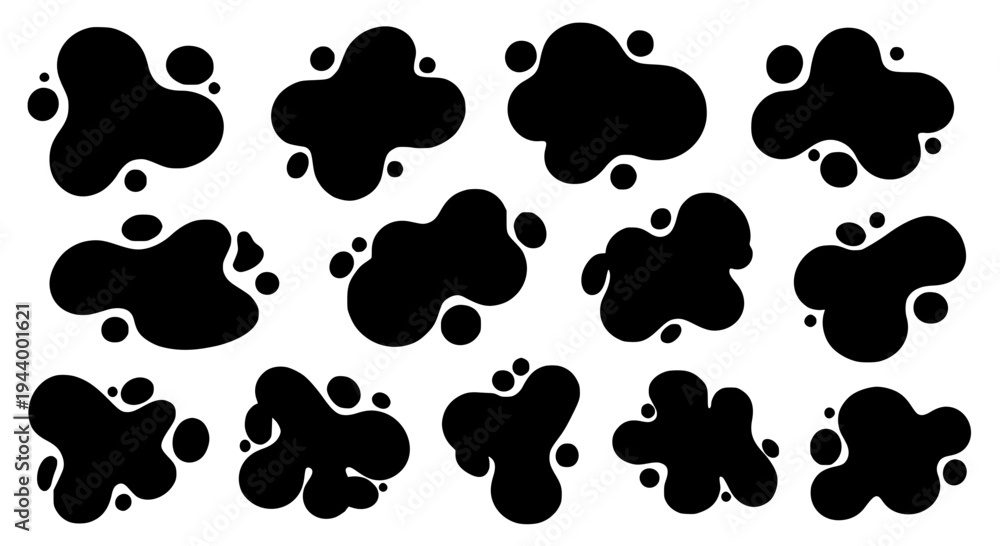 Fototapeta premium Blob set with black ink splatters and splotches on white background featuring splotch, graphic, illustration with