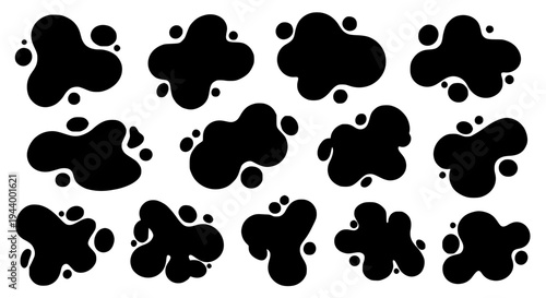 Blob set with black ink splatters and splotches on white background featuring splotch, graphic, illustration with