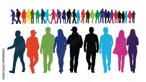 Vibrant diverse human silhouettes in various colors and sizes against a clean white background representing unity and individuality
