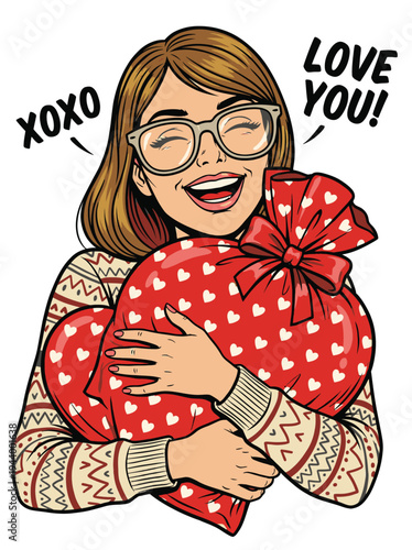 Happy Woman Hugging Heart-Shaped Gift Box.