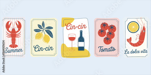 Vintage style cards with Italian summer themes of lobster lemons wine and tomatoes Keywords: summer, cin cin, tomato, tomatoes