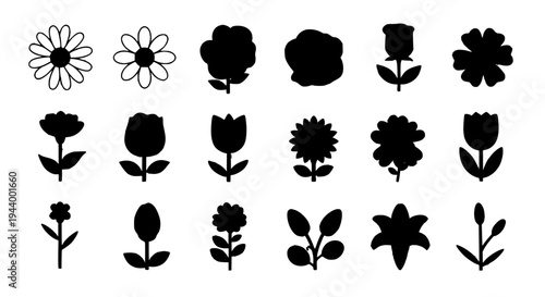 Flowers black silhouette set with various botanical shapes and sizes featuring flower silhouettes, plant icons, flower